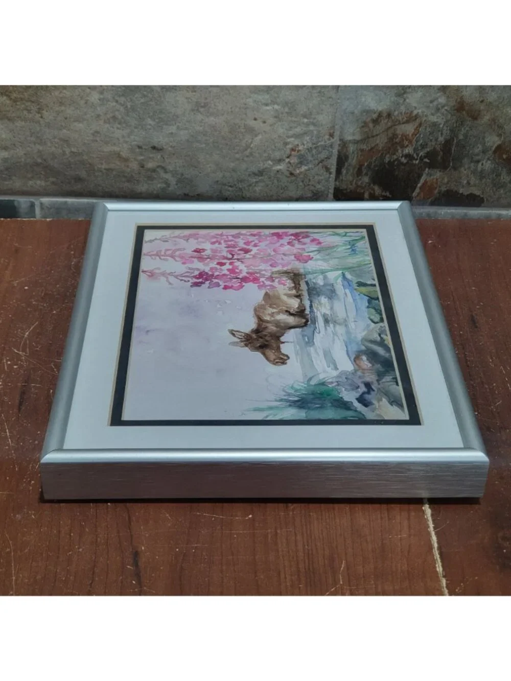 Watercolor Painting Art Print Moose in Water Pink Flower Signed MarLynk